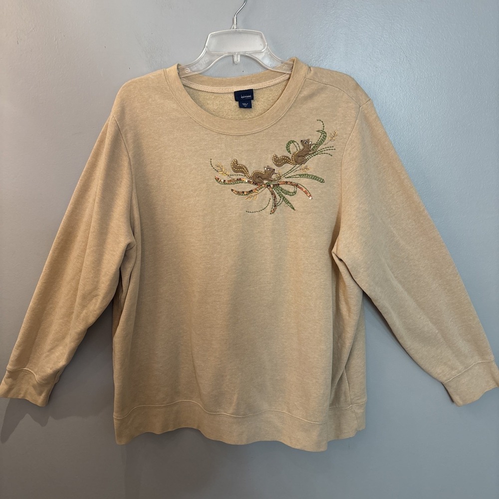 Vintage Beige Crewneck Sweatshirt Pullover Embroidered Squirrels Fall Sequins 2X